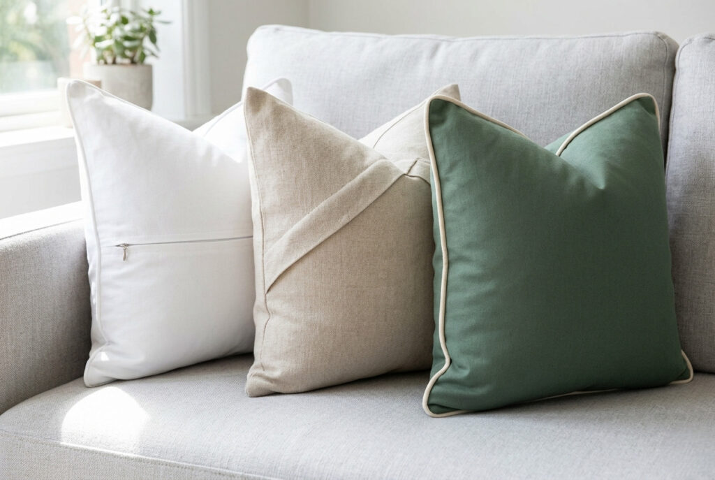 Three decorative throw pillows on a grey sofa showing three different closure styles: zipper, envelope back, and piped edges