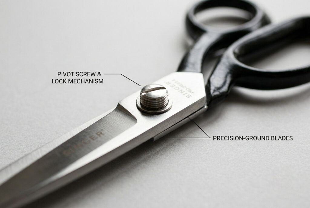 Close-up of fabric scissors pivot screw and blade construction detail