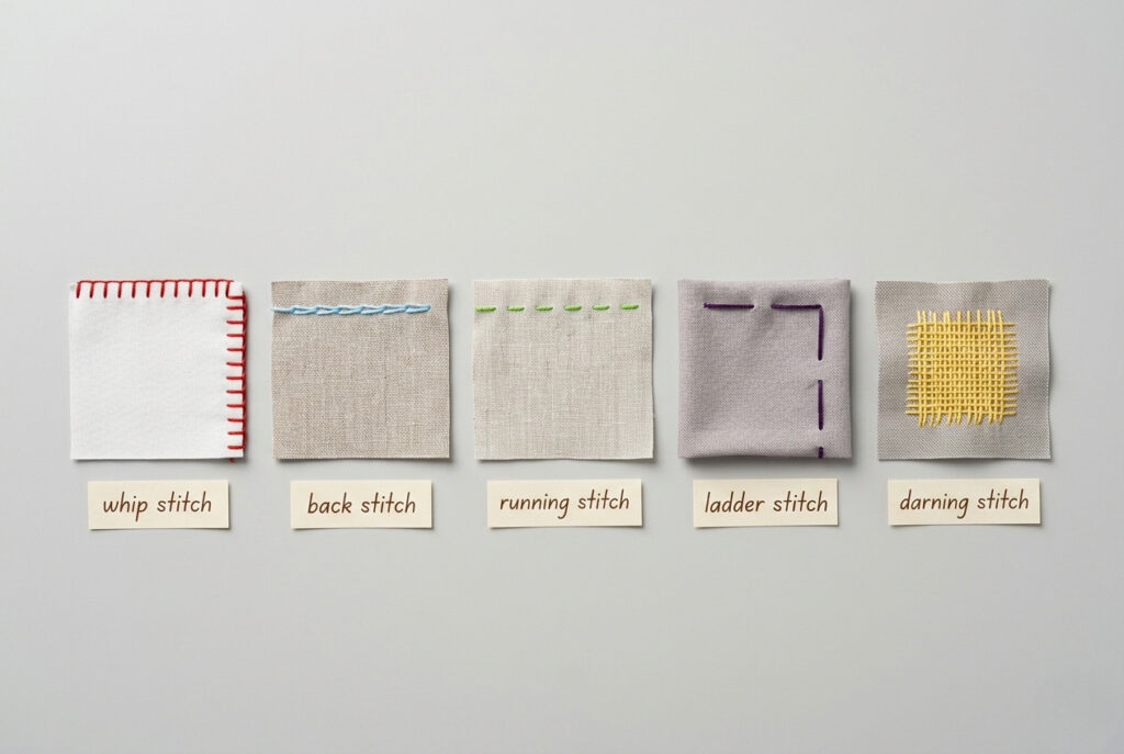 Five fabric swatches in a row each showing a different hand stitch — whip, back, running, ladder, and darning — with small handwritten labels on a light grey surface