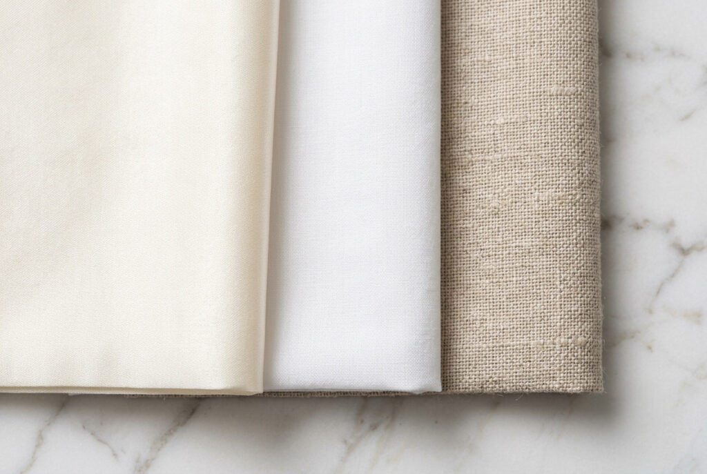 Fabric swatches of silk cotton and linen in neutral tones arranged side by side for pocket square selection