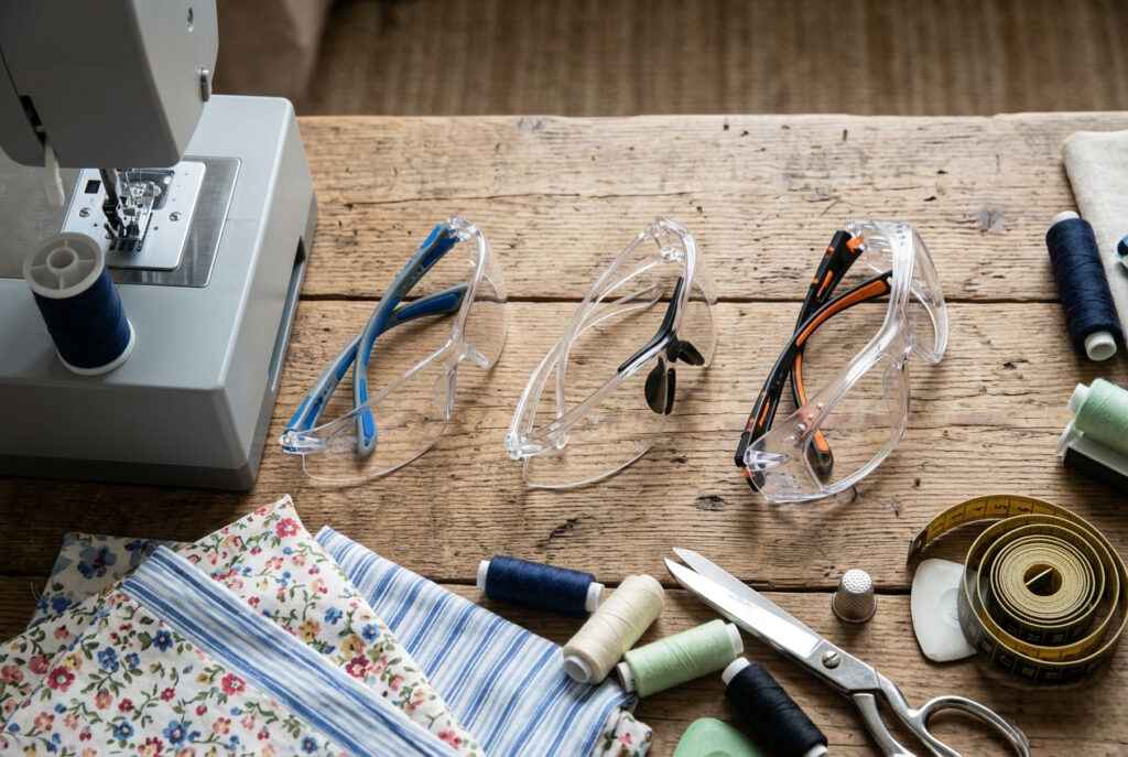 Three pairs of clear safety glasses arranged on a wooden sewing table beside a sewing machine and thread spools, representing options for sewing eye protection.