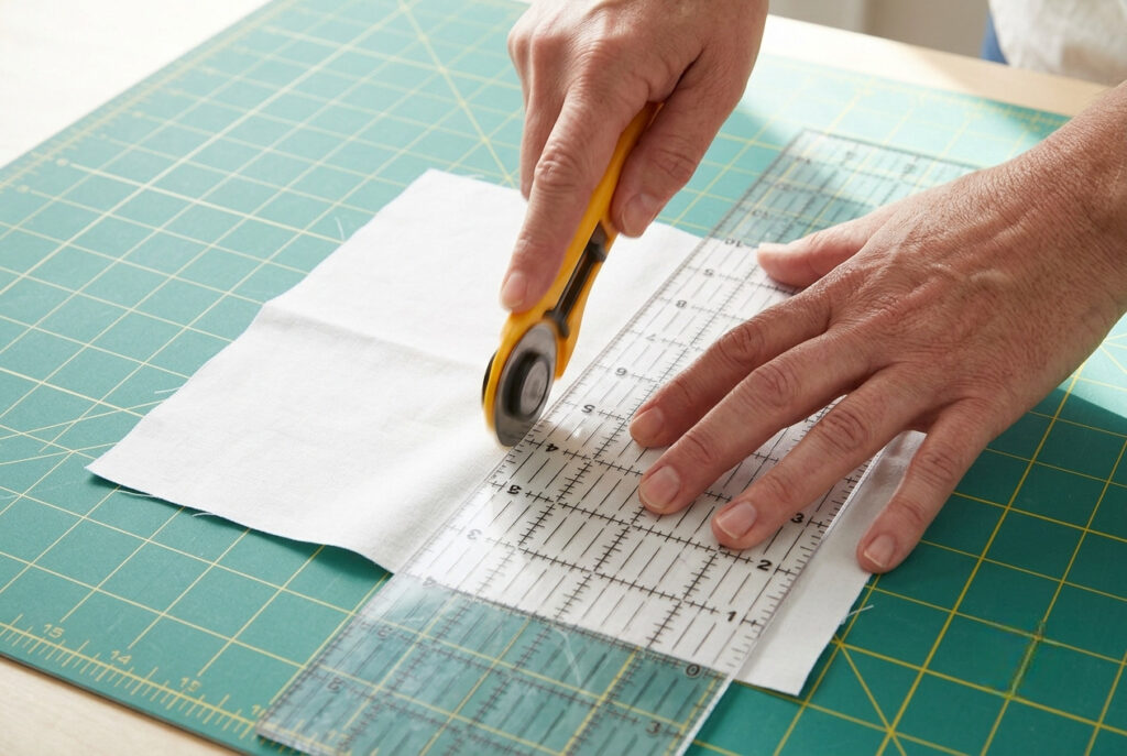 Hands using a rotary cutter and quilting ruler to cut white fabric on a self-healing cutting mat