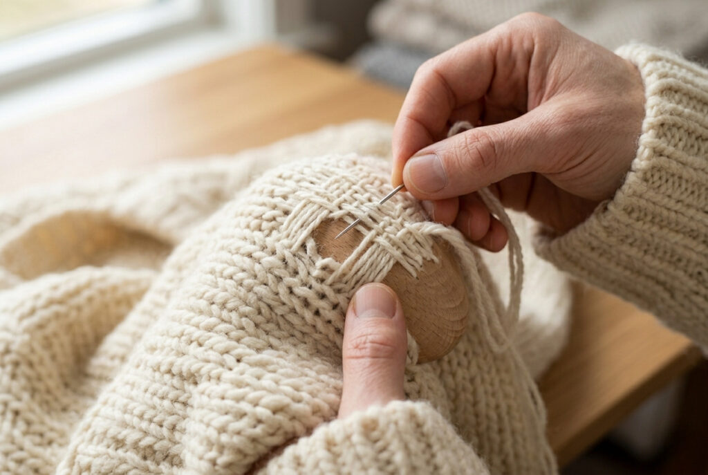 A hand darning a hole in a cream wool sweater by weaving matching yarn in a grid pattern across the damaged area