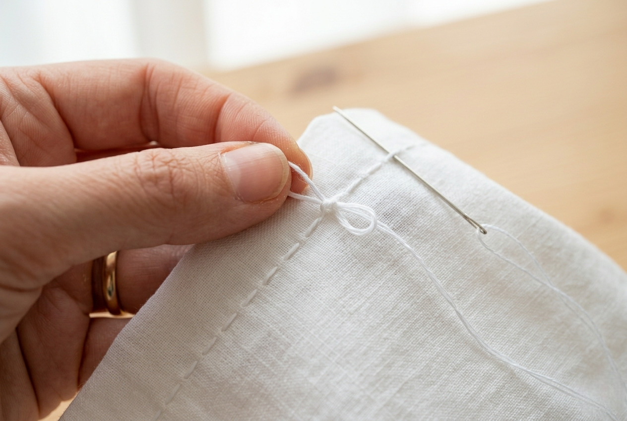 Close-up of hands tying off a hand-sewn seam knot at the end of stitching