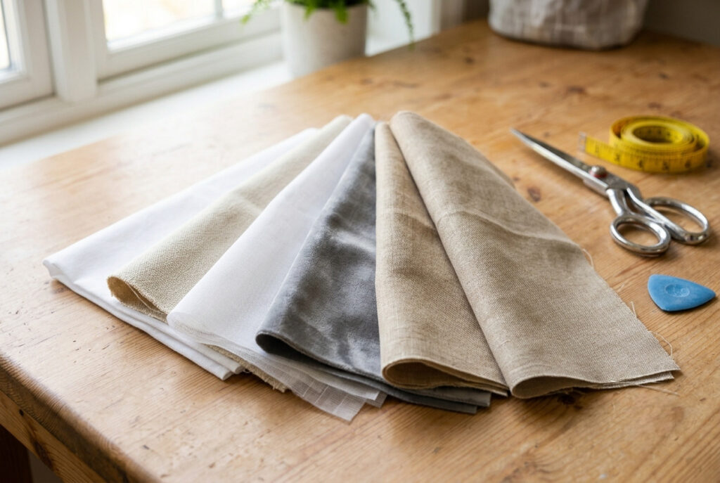 Different curtain fabric swatches including cotton, linen, velvet, voile, and canvas fanned out on a wooden surface showing fabric texture and weight options