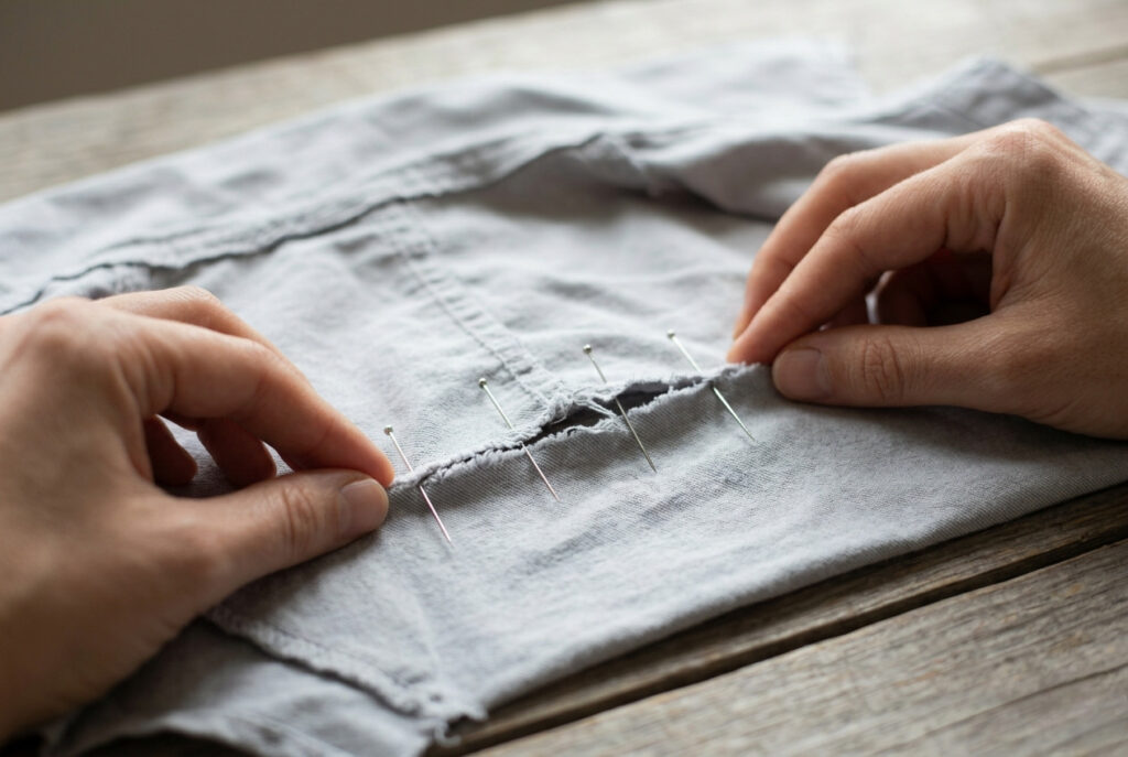 Two hands aligning a torn grey fabric edge with straight pins placed perpendicular to the rip, fabric turned inside out on a wooden table