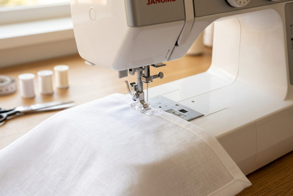 A sewing machine stitching a narrow hem on a white cotton pocket square with matching white thread
