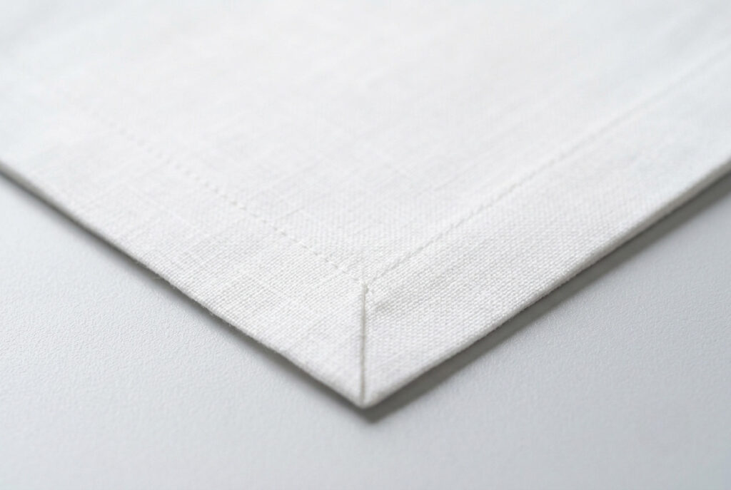 A close up of a mitered corner on a finished white linen pocket square showing a flat tailored finish