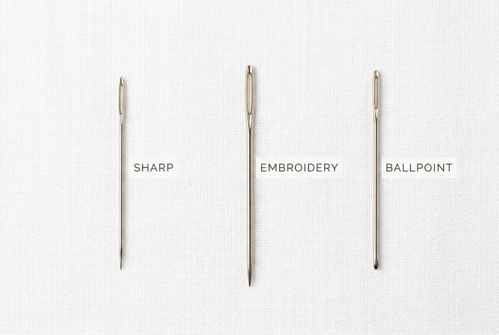 Three types of hand sewing needles including sharps, embroidery and ballpoint needles laid flat