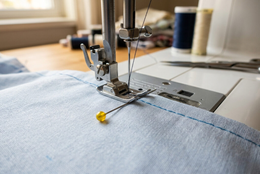 Sewing machine presser foot approaching a straight pin placed across a fabric seam, demonstrating the hazard of sewing over pins.