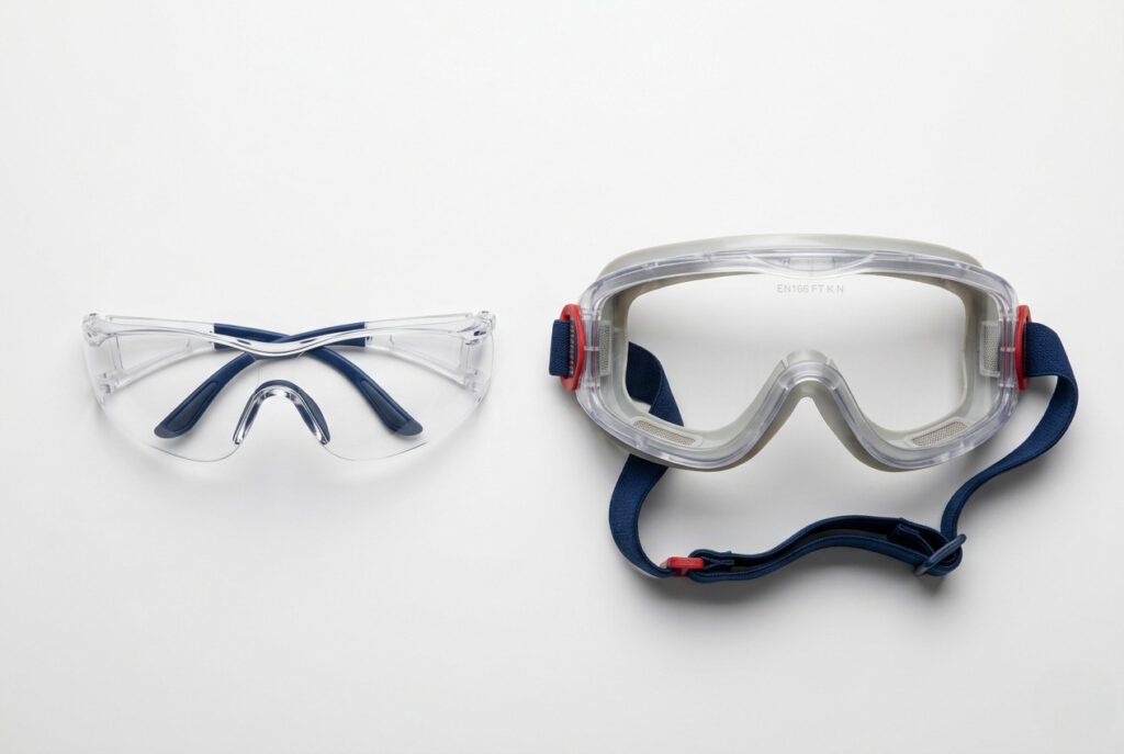 Safety glasses and safety goggles placed side by side on a white surface for comparison of sewing eye protection options.