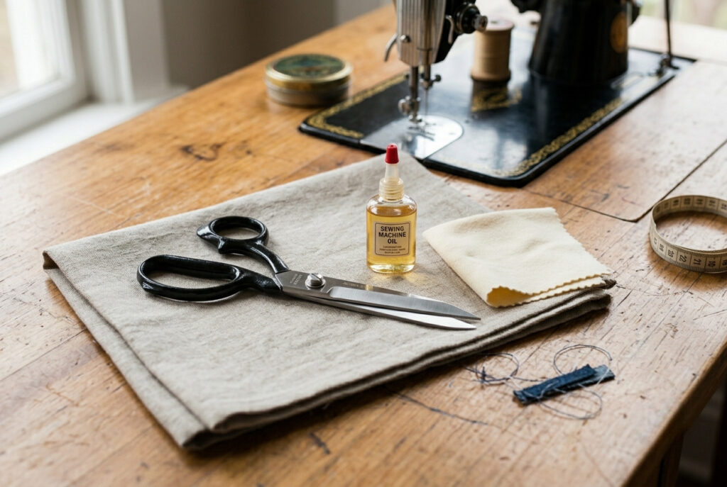 Fabric scissors beside sewing machine oil and cleaning cloth for proper maintenance