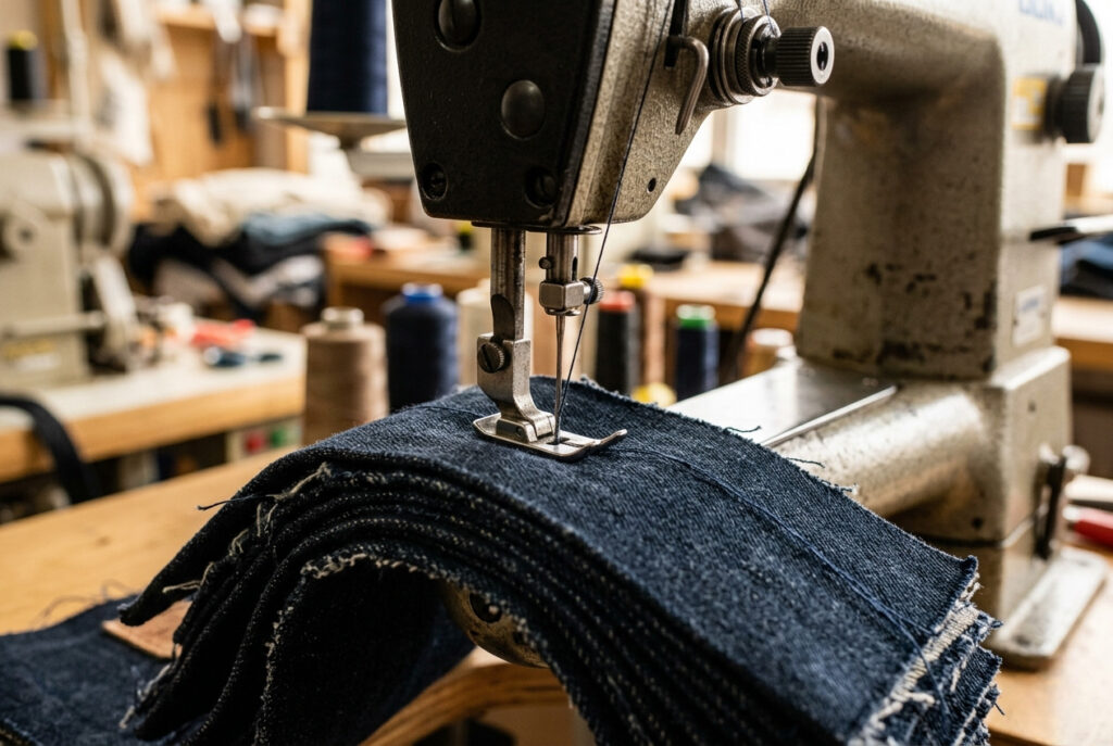 Sewing machine needle stitching through thick layers of denim fabric, showing the mechanical stress that increases needle breakage risk.