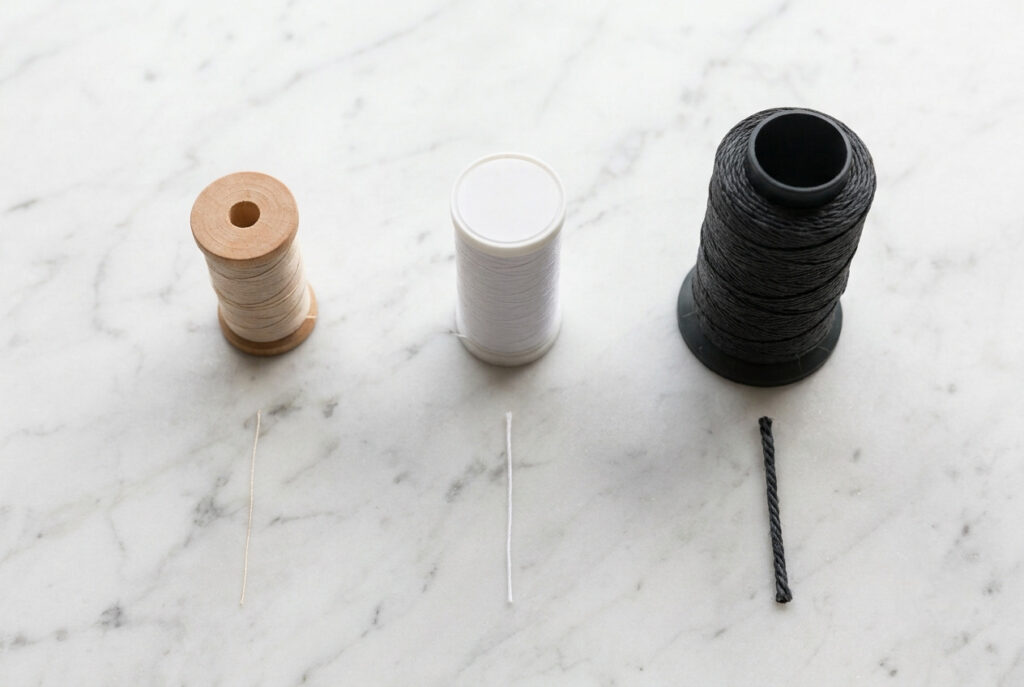 Three thread spools lined up from lightest to heaviest weight — fine 50wt, standard 40wt, and heavy-duty Tex 69 — with unwound thread showing the thickness difference between each