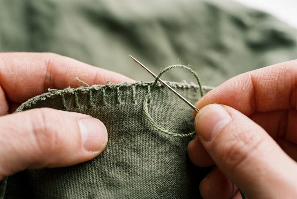 Close-up of a hand sewing a blanket stitch along a torn olive green fabric edge with evenly spaced loops of matching thread