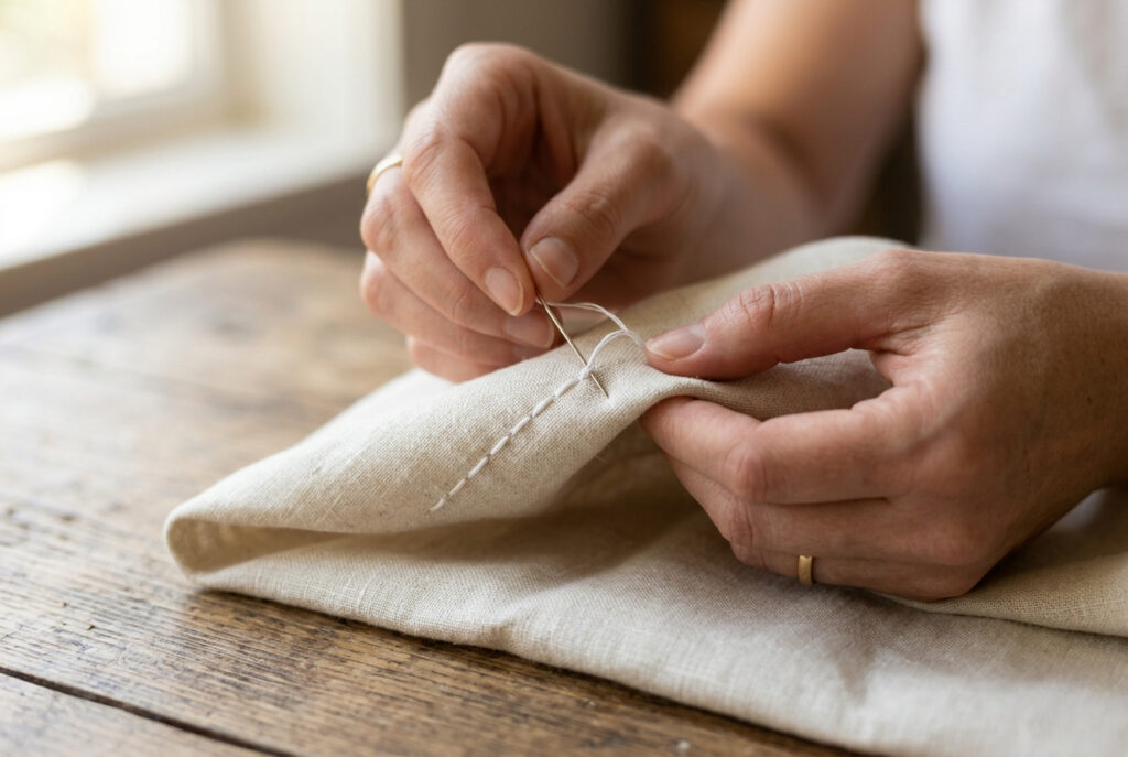 Close-up of hands demonstrating the backstitch technique with needle and thread on fabric