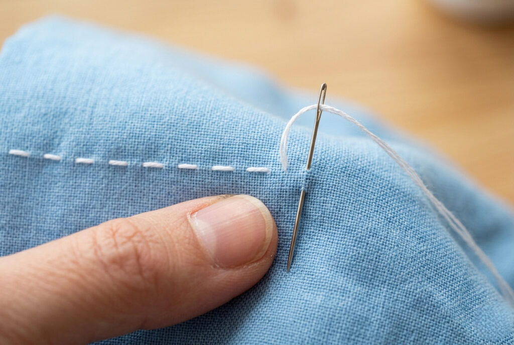 Close-up of a running stitch sewn by hand showing evenly spaced stitches on fabric