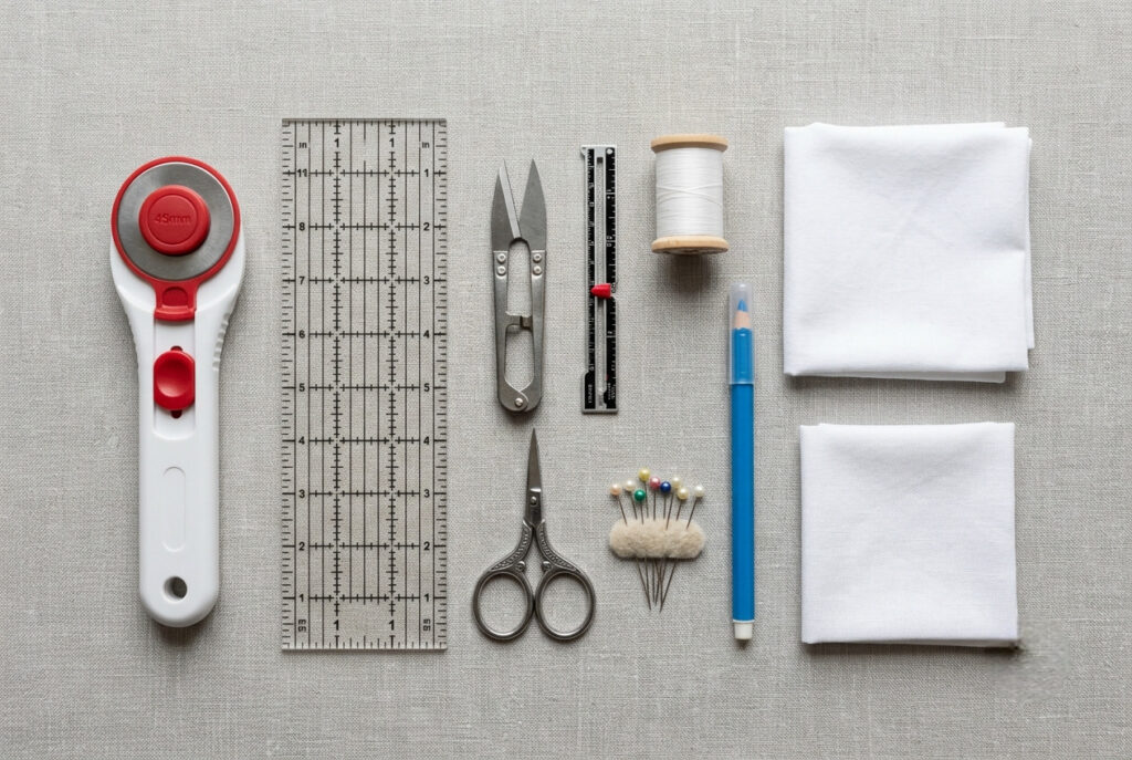 Flat lay of sewing tools and fabric for making a pocket square including scissors rotary cutter ruler thread 