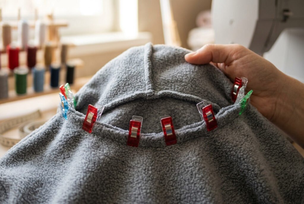 Pinning a hood to a hoodie neckline before sewing