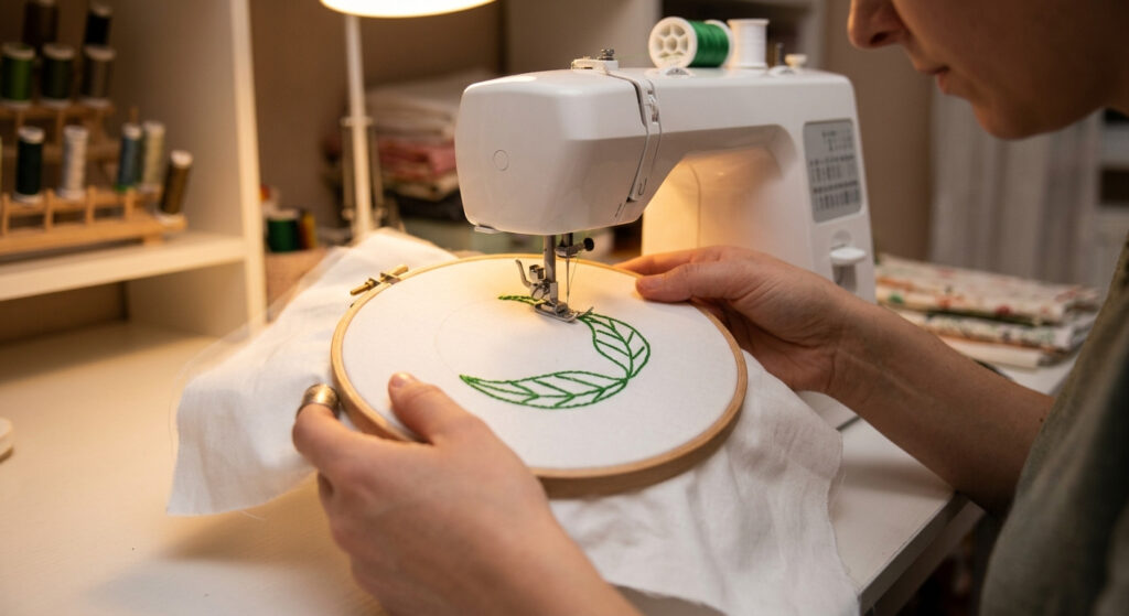 Hands guiding an embroidery hoop while free-motion stitching a leaf design on a sewing machine