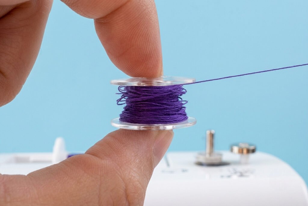 Close-up of thread wound onto a bobbin showing correct winding direction
