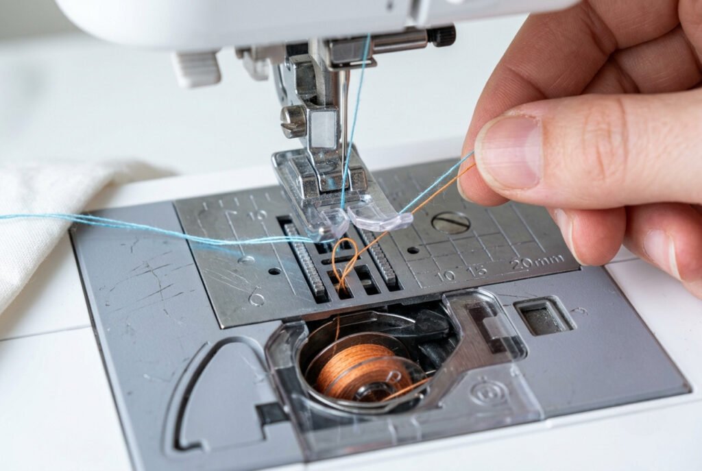 Pulling up the bobbin thread through the needle plate