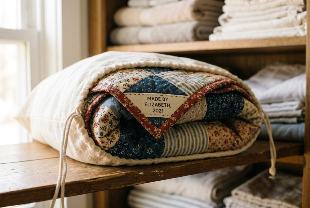 Folded quilt with fabric label stored in a breathable cotton bag