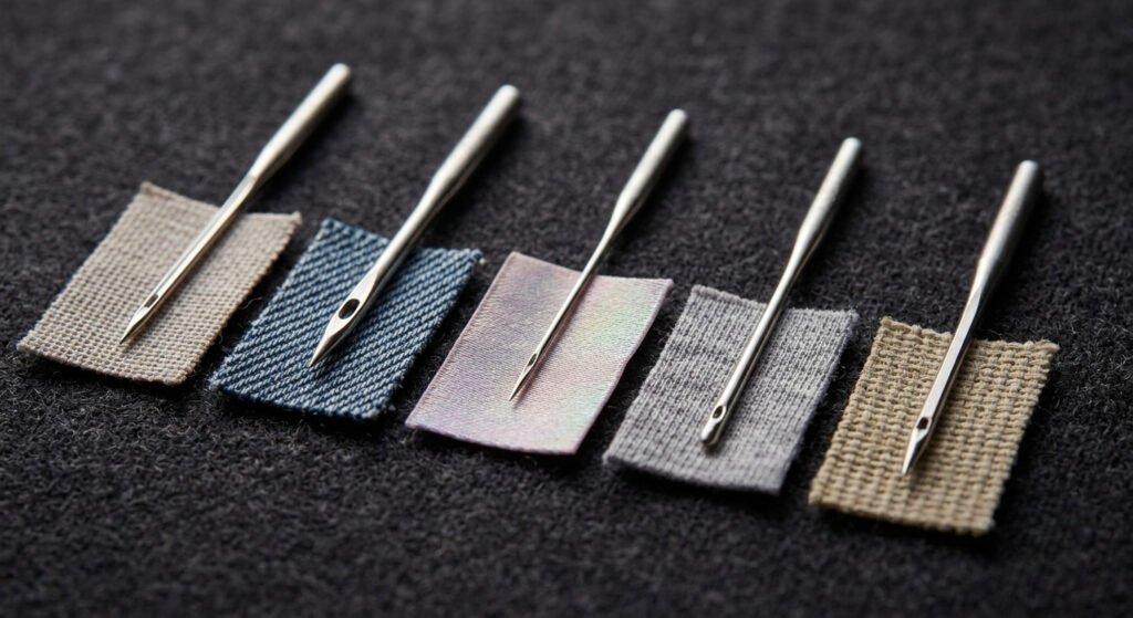 Five sewing machine needles laid beside matching fabric swatches — cotton, denim, silk, knit, and canvas