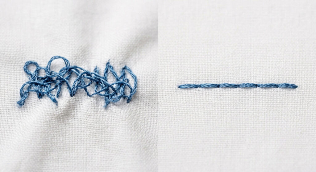 Comparison of uneven puckered stitches versus smooth even embroidery stitches