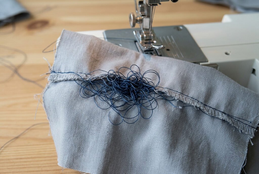 Tangled thread nest caused by incorrect bobbin tension