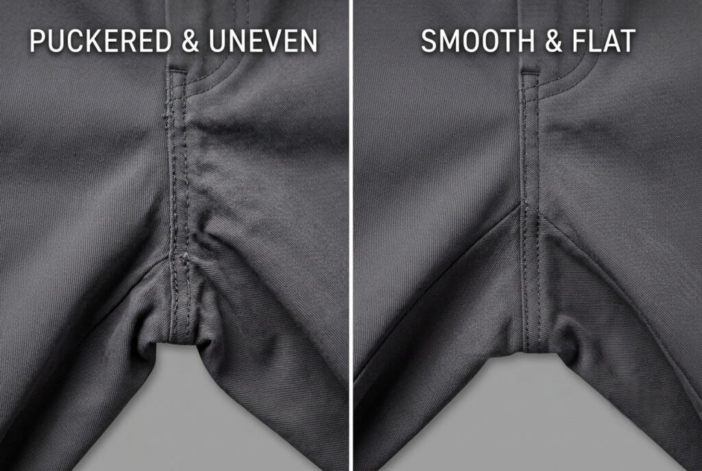Side-by-side comparison of a puckered gusset seam versus a smooth, properly pressed gusset seam