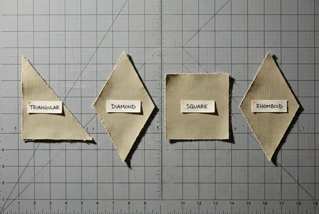 Four fabric gusset shapes — triangular, diamond, square, and rhomboid — laid on a cutting mat
