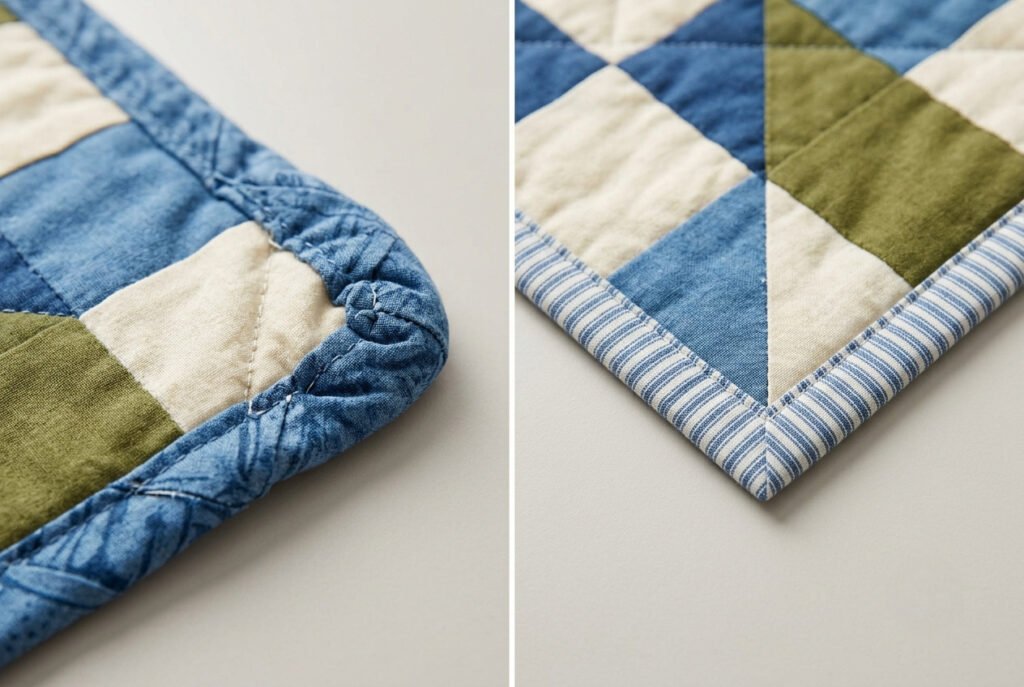 Comparison of a bulky uneven quilt corner versus a crisp mitered corner