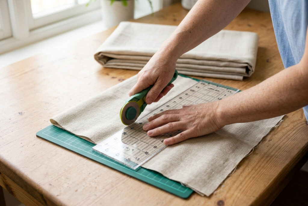 Person using a rotary cutter and quilting ruler to cut curtain fabric on a self-healing cutting mat on a wooden floor