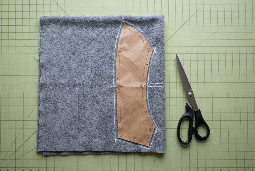 Cutting mirrored hood pieces from folded fleece fabric using a pattern