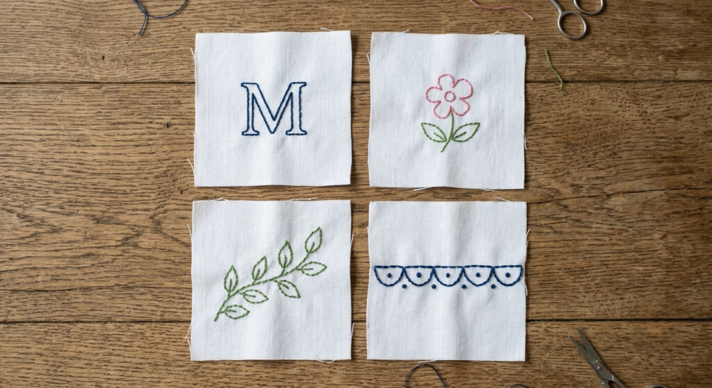 Examples of beginner sewing machine embroidery designs including monograms, florals, leaves, and borders