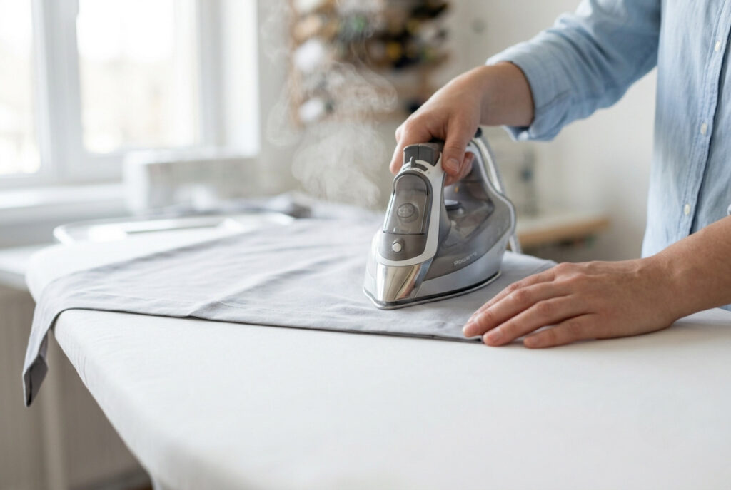 Person pressing a double-folded curtain hem with a steam iron on an ironing board before stitching the side hem