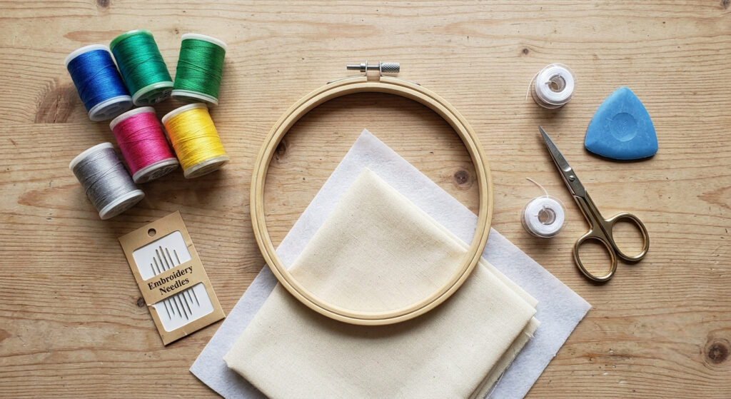 Flat lay of essential sewing machine embroidery supplies including thread, needles, hoop, and stabilizer