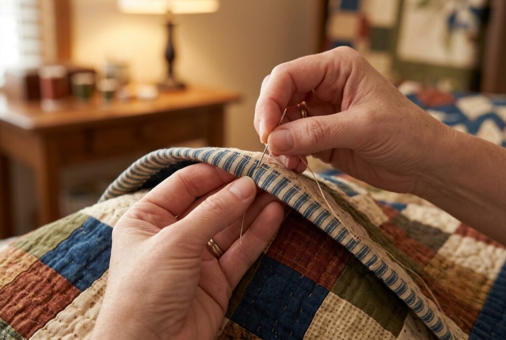 Hand-sewing a blind stitch to finish quilt binding on the back