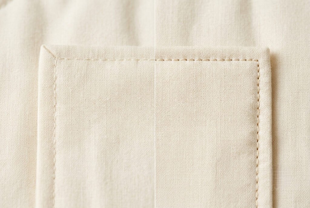 Comparison of hand-sewn versus machine-sewn quilt label stitching