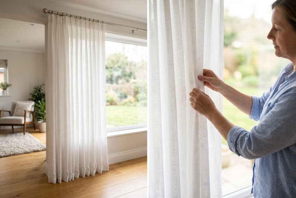 Person adjusting and straightening freshly hung floor-length white linen curtains on a silver rod above a bright living room window