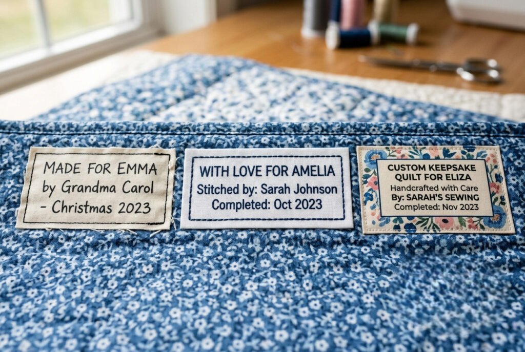 Three quilt label styles compared: handwritten, embroidered, and printed