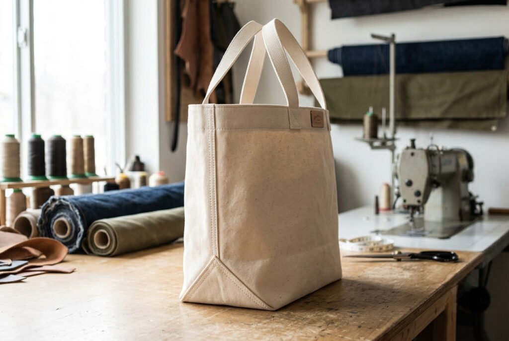 A canvas tote bag gusset being sewn to add depth to the bag panels