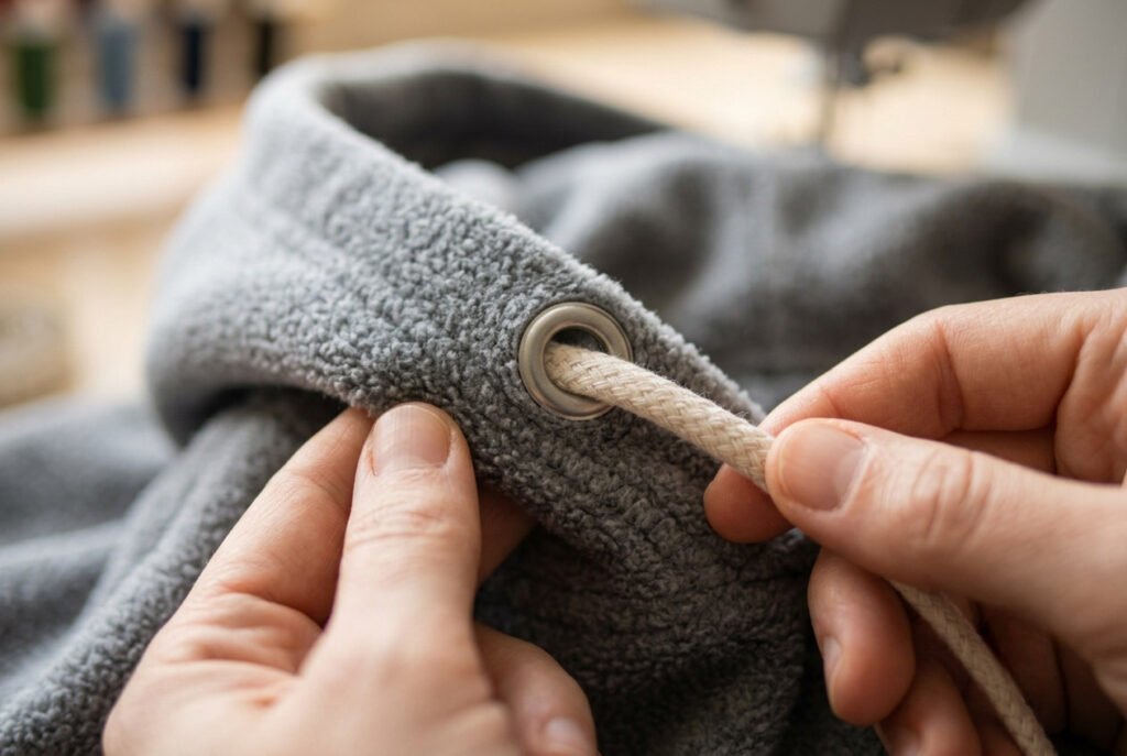 Threading a drawstring through a grommet on a hoodie hood