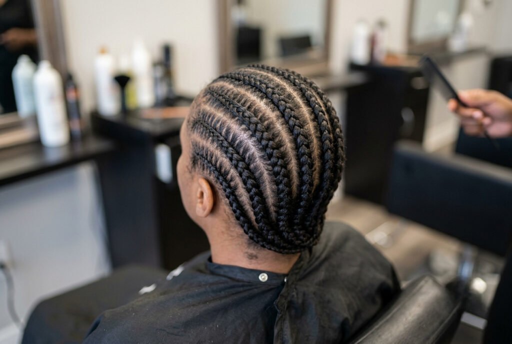 Neat, evenly tensioned cornrows prepared as a sew-in foundation
