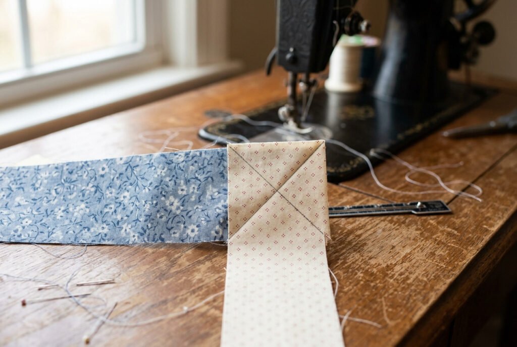 Two binding strips overlapped at a right angle with diagonal seam line marked