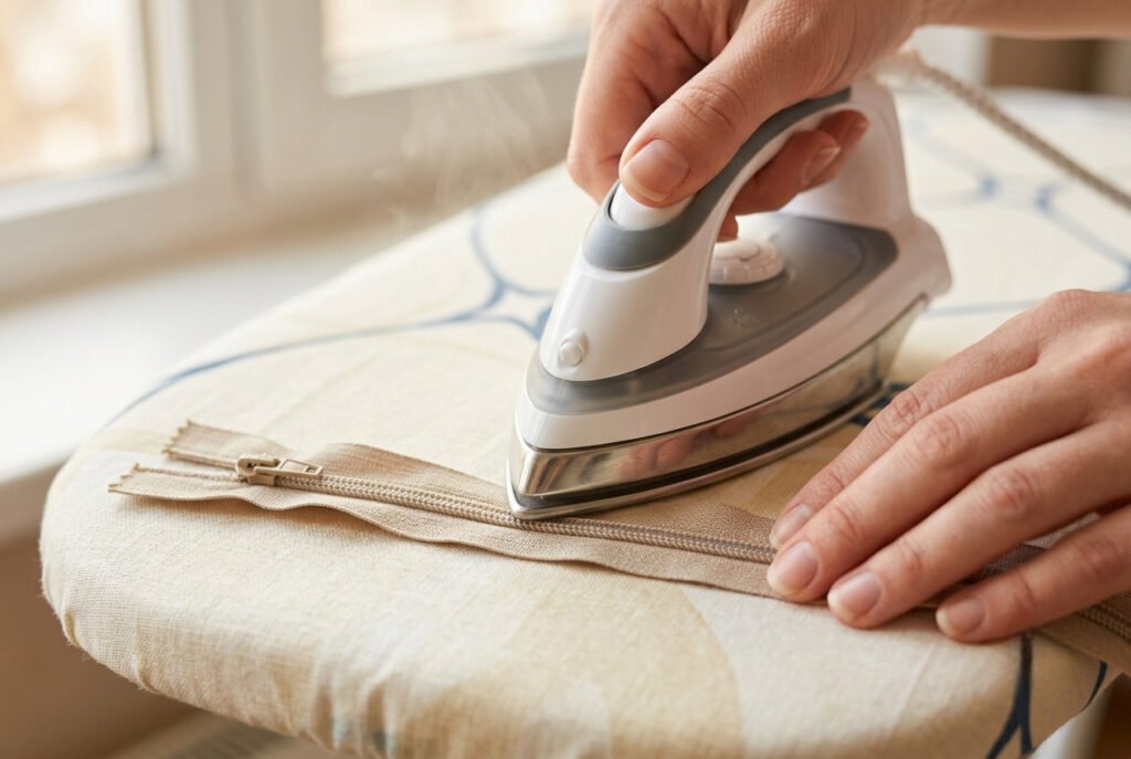 Pressing invisible zipper coils open with a low-heat iron before sewing