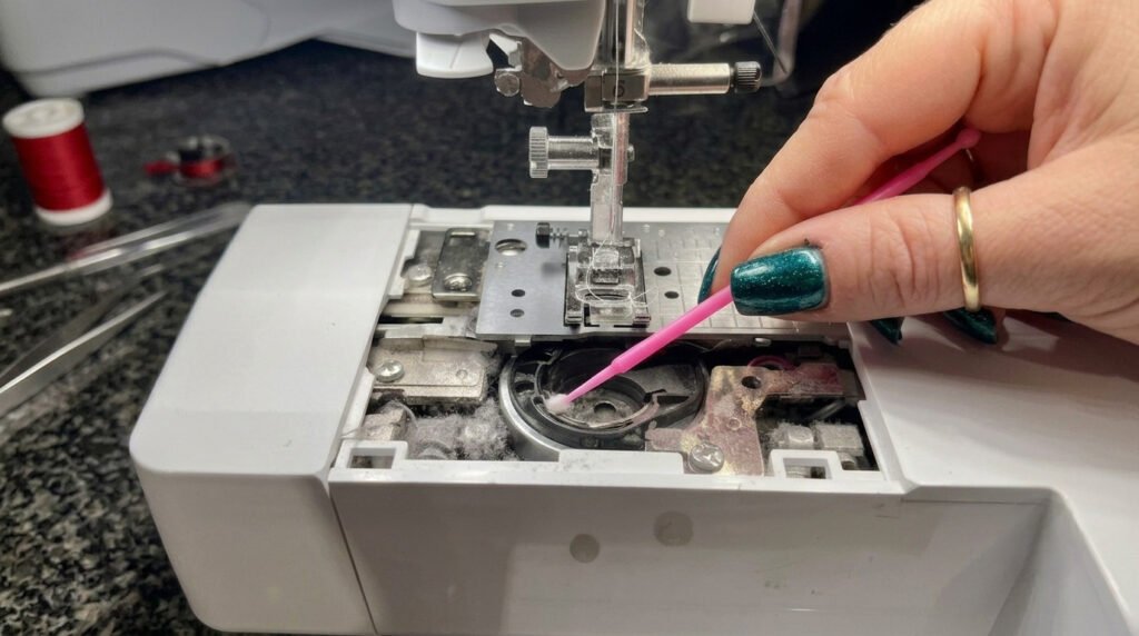 Cotton swab cleaning lint and debris from a sewing machine bobbin case