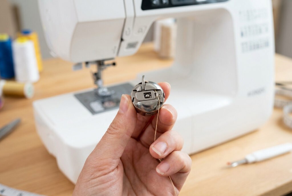 Hand holding a front-loading bobbin case with thread threaded through the tension spring