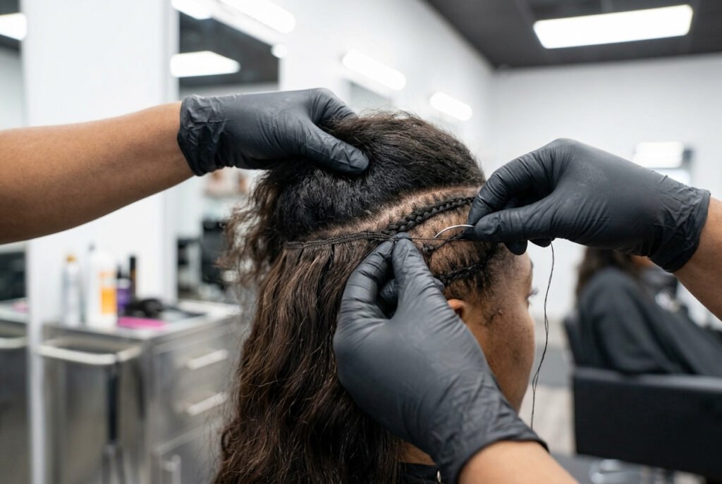 Hairstylist inspecting a hair weft track for looseness during maintenance
